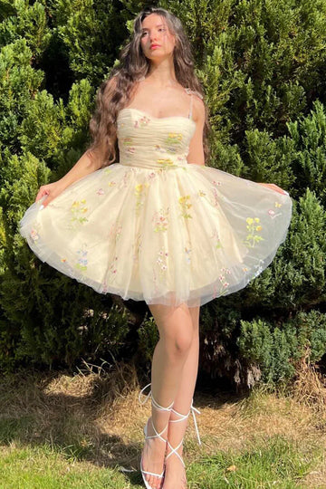 A Line Short Floral Embroidery Homecoming Dress HZ1023